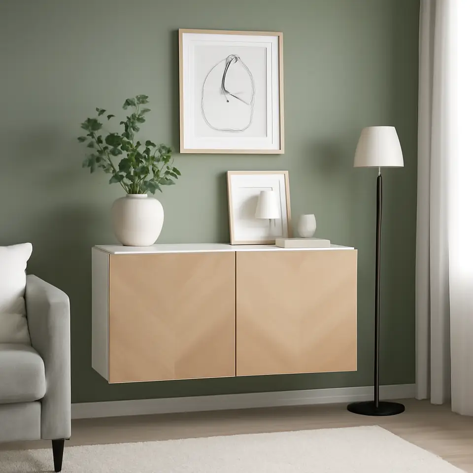 Møbelmontering BESTÅ Vægmonteret skabskombination, hvid Hedeviken/egetræsfiner, 120x42x64 cm | Fast Pris i Storkøbenhavn