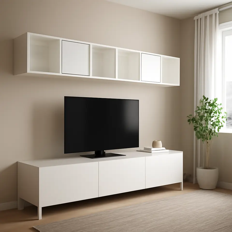 Møbelmontering BESTÅ / EKET Tv-bord, hvid/Selsviken/Nannarp højglans/hvidt frostet glas, 180x42x48 cm | Få et tilbud i dag