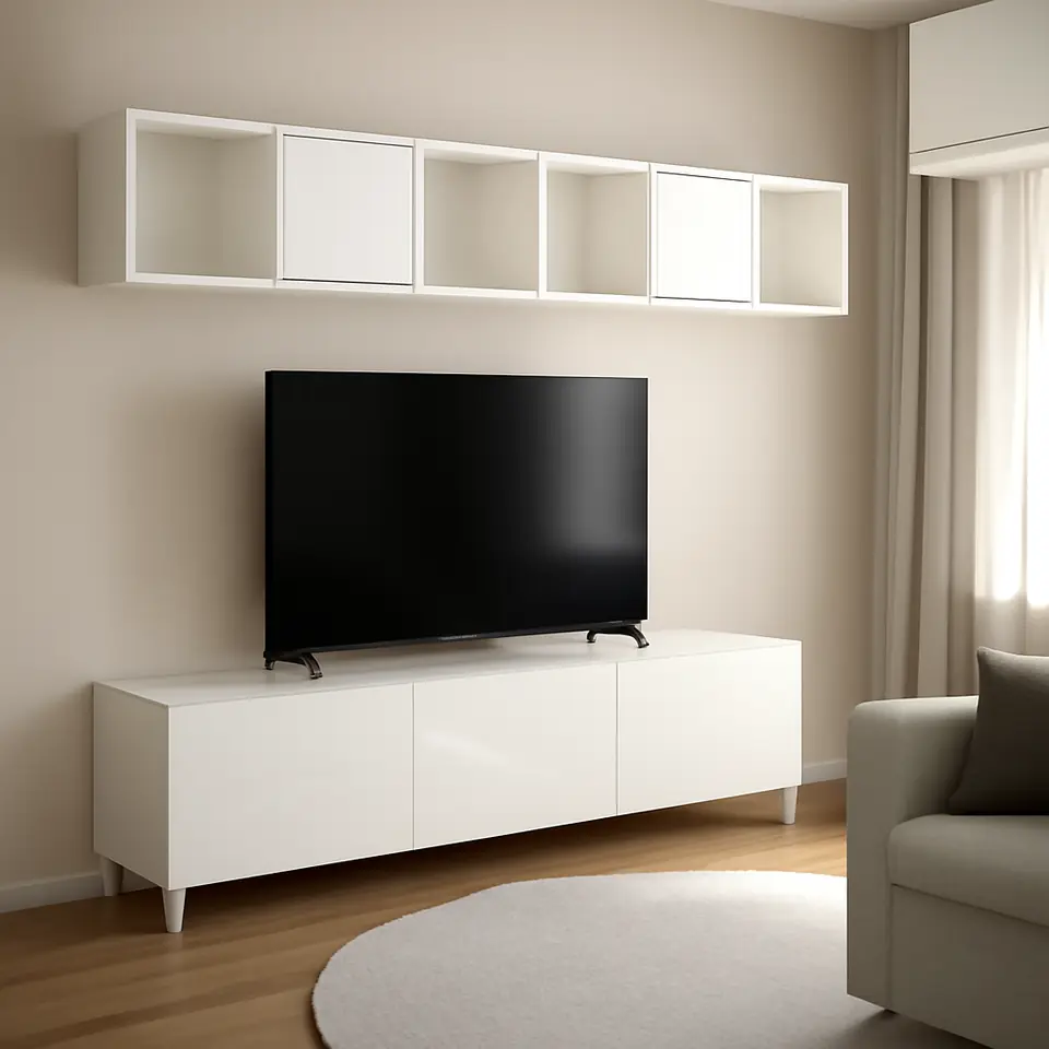 Møbelmontering BESTÅ / EKET Tv-bord, hvid/Selsviken/Nannarp højglans/hvidt frostet glas, 180x42x48 cm | Få et tilbud i dag