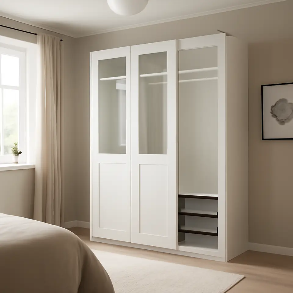 Møbelmontering PAX / GRIMO Garderobe m skydedøre, hvid/klart glas hvid, 200x66x236 cm | Fast Pris i Storkøbenhavn