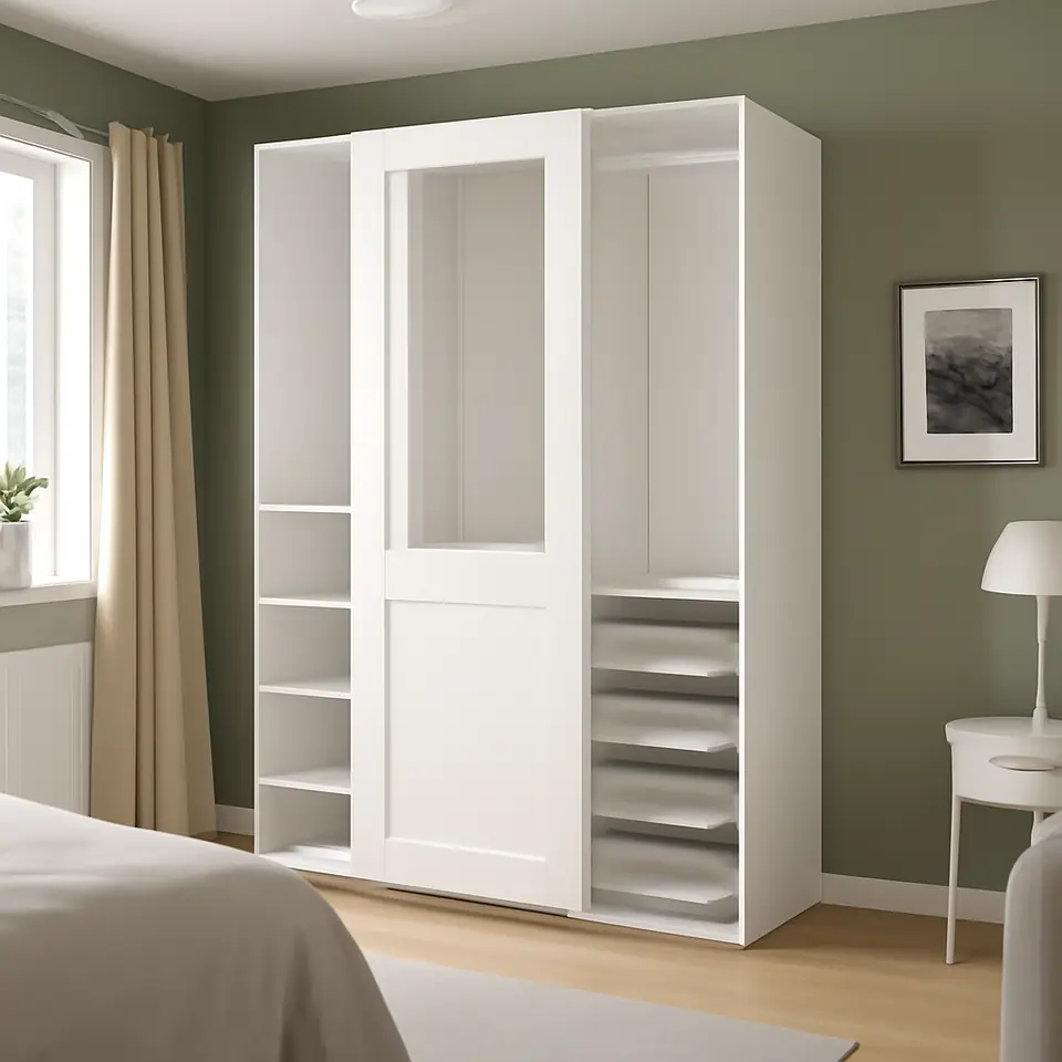 Møbelmontering PAX / GRIMO Garderobe m skydedøre, hvid/klart glas hvid, 150x66x201 cm | Professionel Møbelmontør