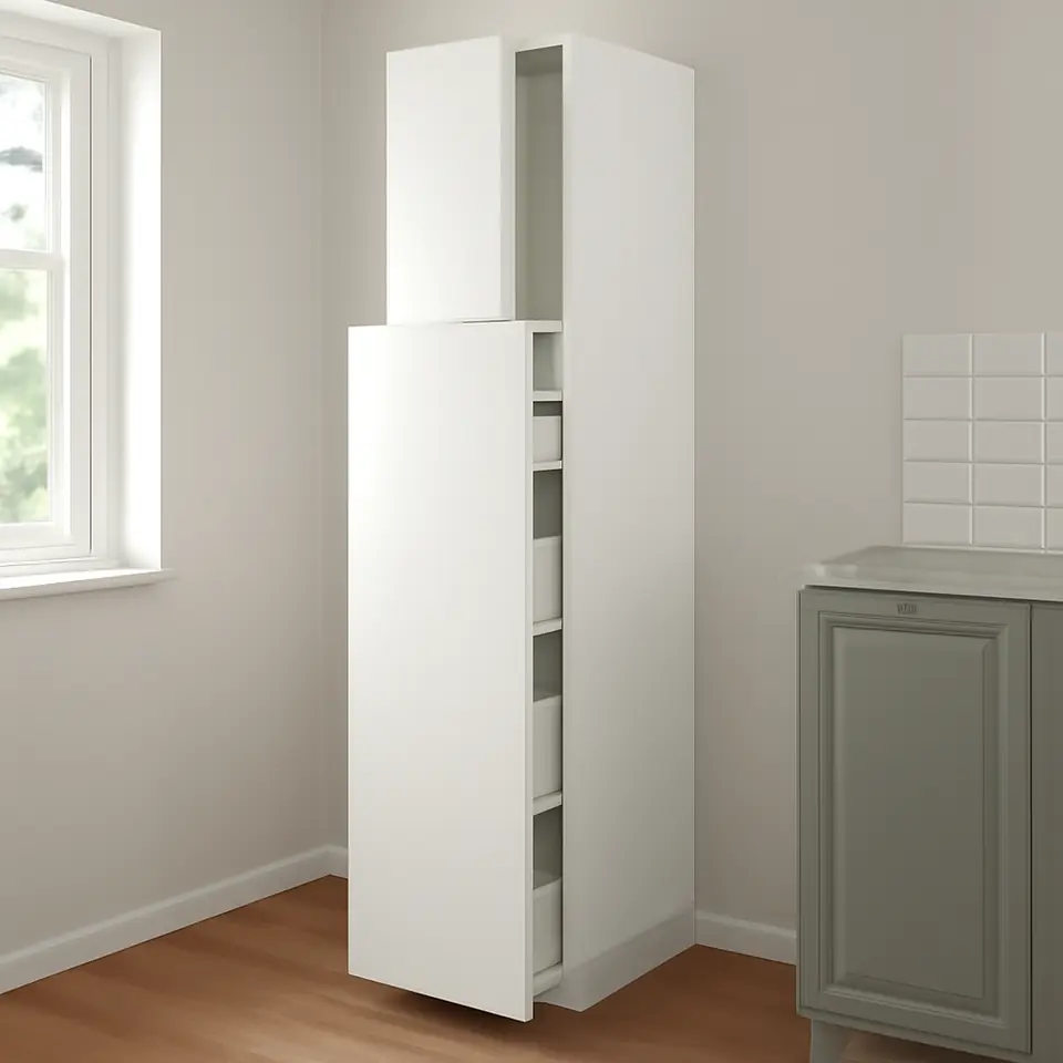 Møbelmontering METOD / MAXIMERA Højskab m udtræk 1 låge/4 skuffer, hvid/Vallstena hvid, 40x60x200 cm | Billig & Hurtig i København