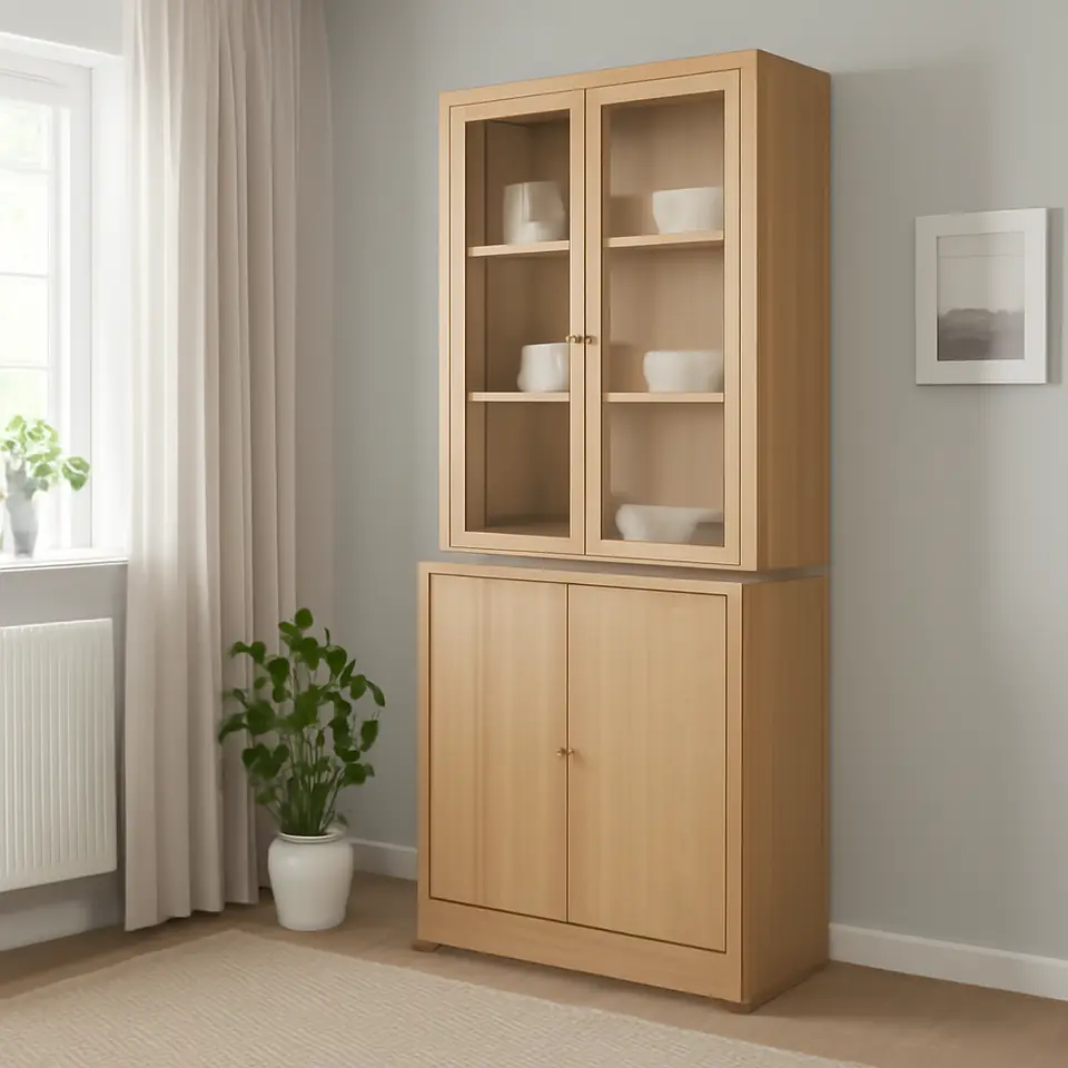 Møbelmontering TONSTAD Opbevaringskombination, skydelåger, egetræsfiner/klart glas, 82x47x201 cm | Samling af Møbler i Rødovre & Kbh