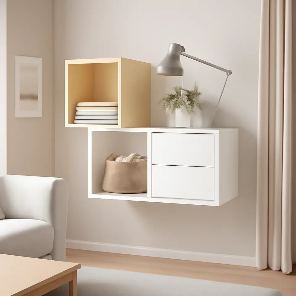 Møbelmontering EKET Vægmonteret opbevaringsløsning, hvid/lysegul, 105x35x70 cm | Billig & Hurtig i København