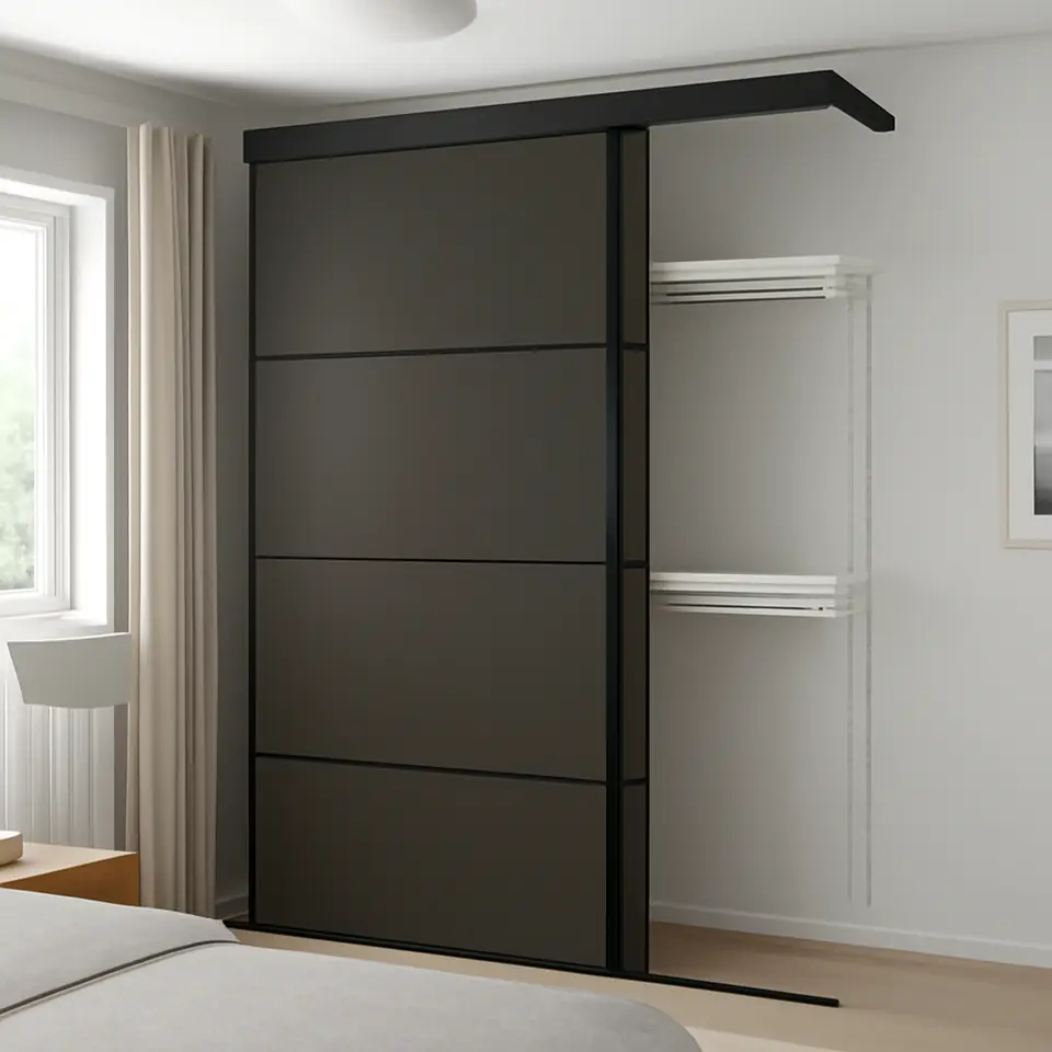 Møbelmontering SKYTTA / BOAXEL Garderobeskab med skydelåge, sort dobbeltsidet/Mehamn mørkegrå, 177x65x240 cm | Fast Pris i Storkøbenhavn