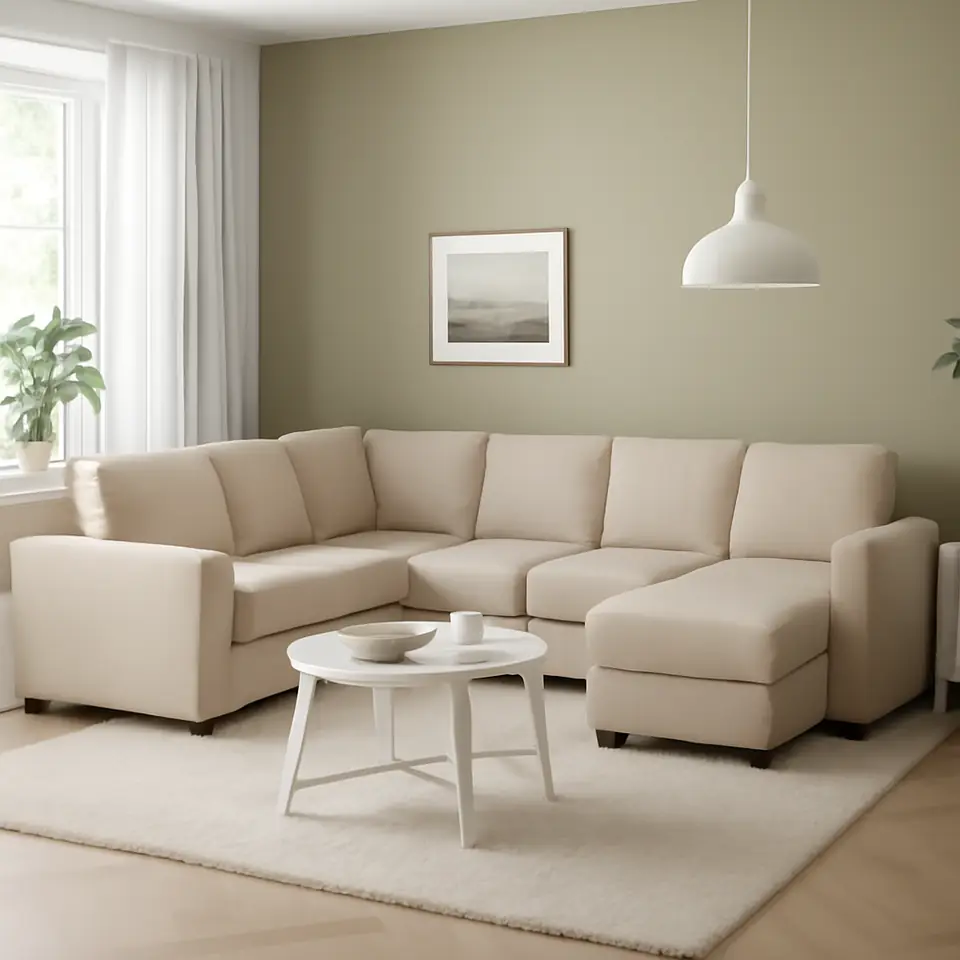 Møbelmontering VIMLE 5-pers. sovesofa med chaiselong, med brede armlæn/Hallarp beige | Billig & Hurtig i København