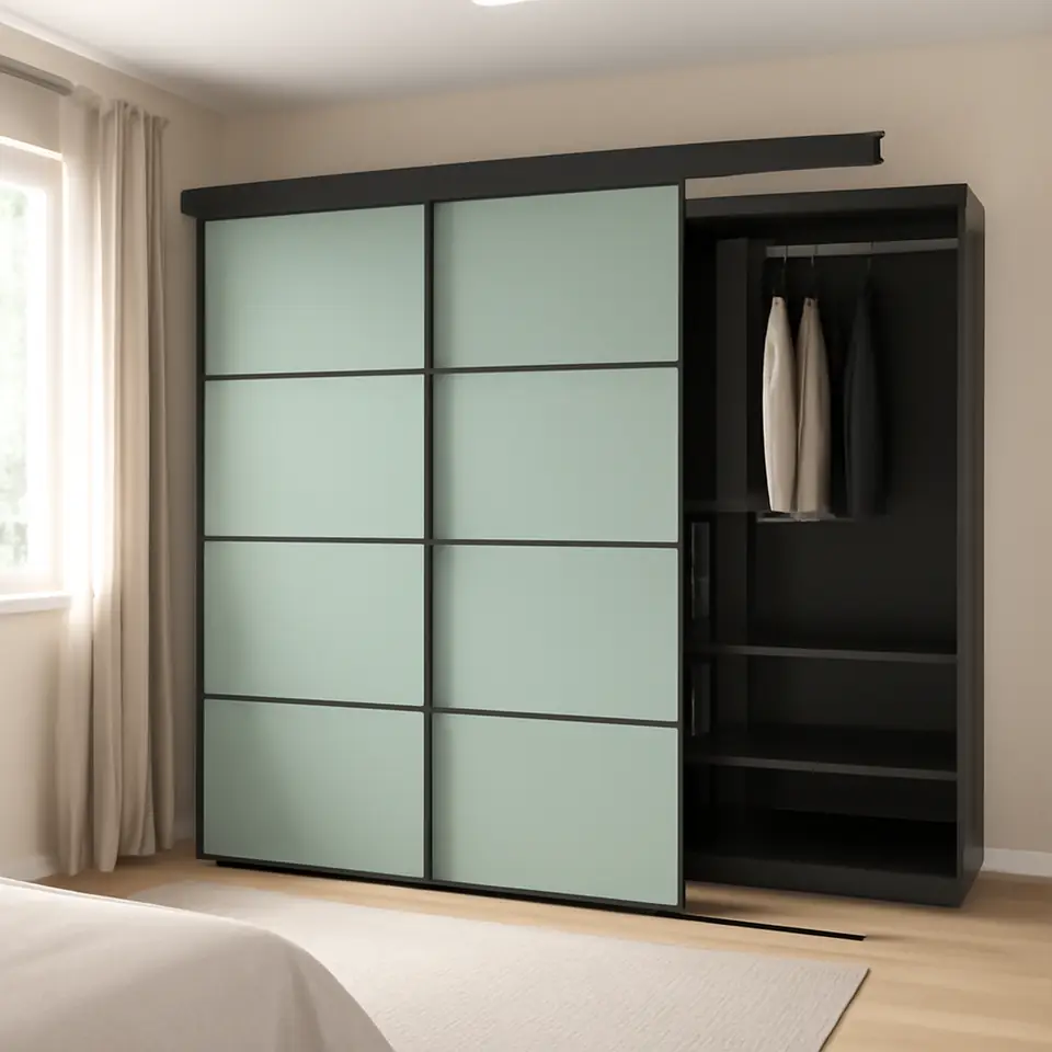 Møbelmontering SKYTTA / PAX Walk-in-closet med skydedøre, sort mørkegrå/Mehamn lysegrøn, 226x160x205 cm | Billig & Hurtig i København