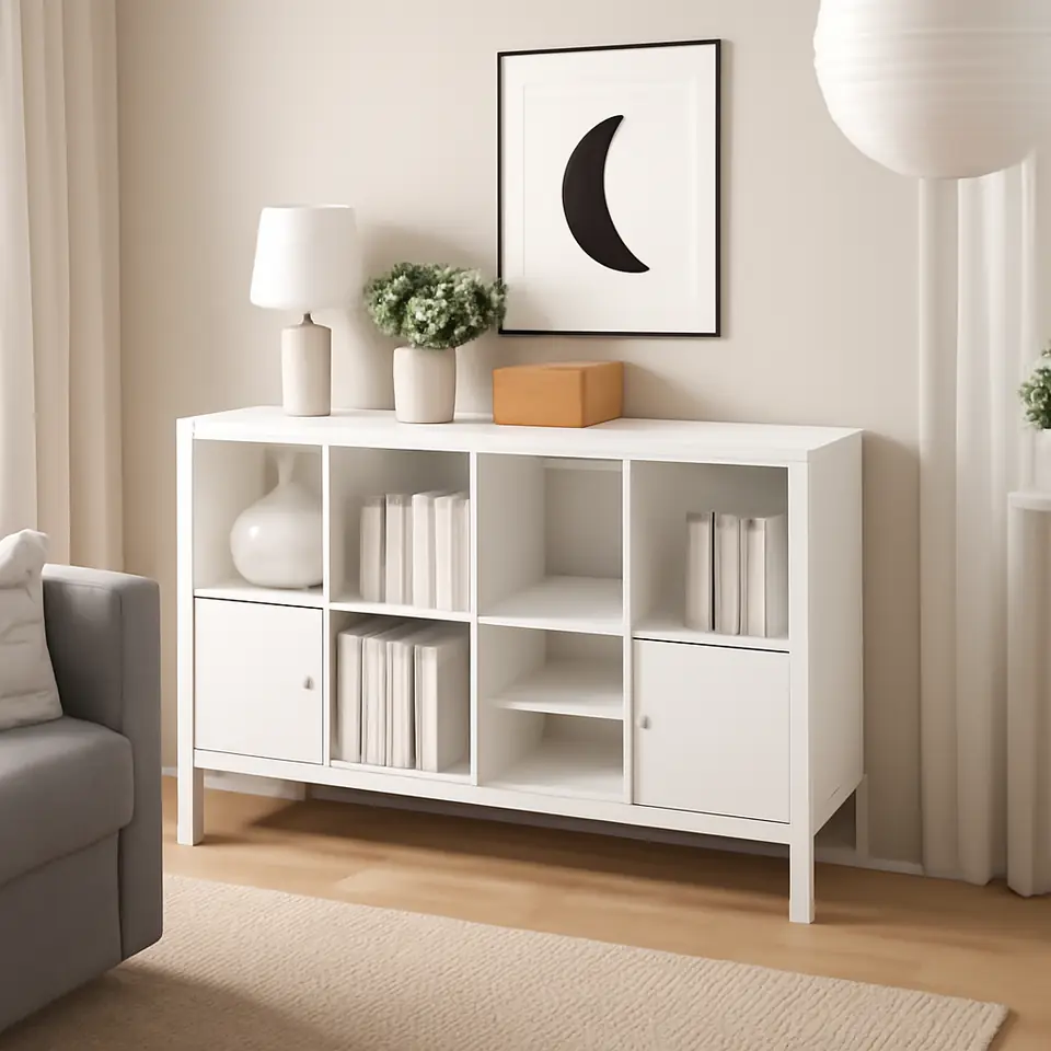 Møbelmontering KALLAX Reol med understel, med to låger/med to hyldeindsatser hvid, 147×94 cm | Samling af Møbler i Rødovre & Kbh