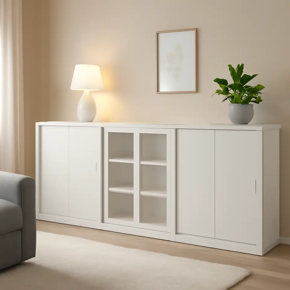 Møbelmontering TONSTAD Opbevaring med skydedøre, råhvid/klart glas, 243x37x116 cm | Billig & Hurtig i København