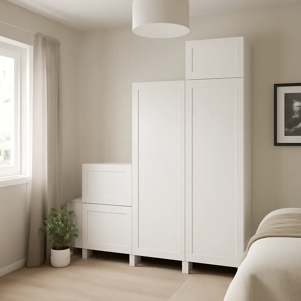 Møbelmontering PLATSA Garderobe med 6 døre, hvid/Sannidal hvid, 240x57x231 cm | Professionel Møbelmontør
