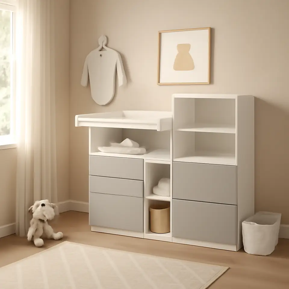 Møbelmontering SMÅSTAD / PLATSA Puslebord, hvid grå/med reol, 150x79x123 cm | Samling af Møbler i Rødovre & Kbh