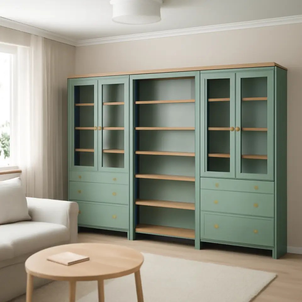 Møbelmontering HEMNES Opbevaringskom låger/skuffer, grågrøn/lysebrun med bejdse, 270×197 cm | Fast Pris i Storkøbenhavn