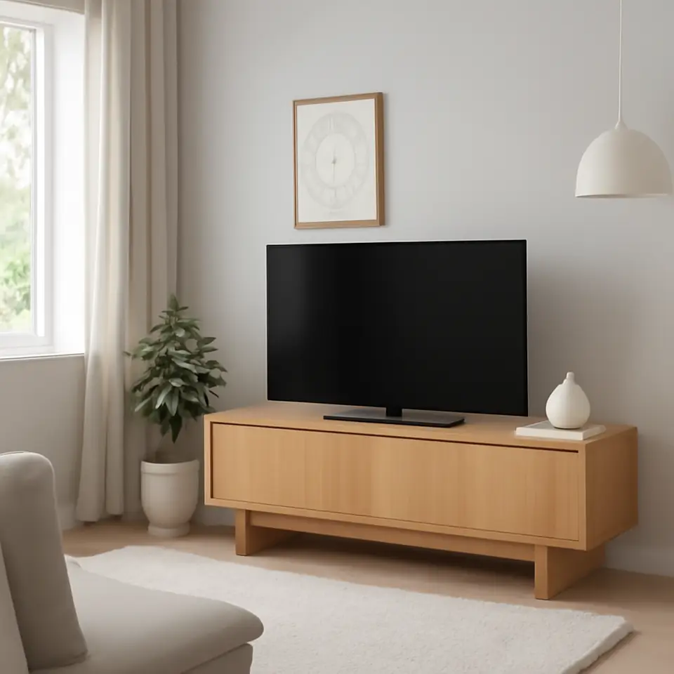 Møbelmontering STOCKHOLM 2025 Tv-bord med skydelåger, egetræsfiner, 179x42x56 cm | Billig & Hurtig i København