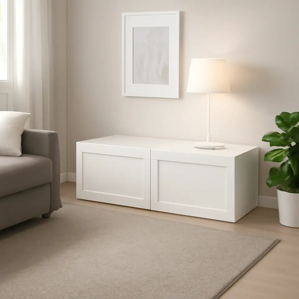 Møbelmontering BESTÅ Reol med døre, hvid/Hanviken hvid, 120x42x38 cm | Billig & Hurtig i København