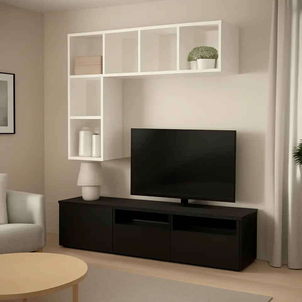 Møbelmontering BESTÅ / EKET Skabskombination til tv, hvid/sortbrun, 180x42x170 cm | Professionel Møbelmontør