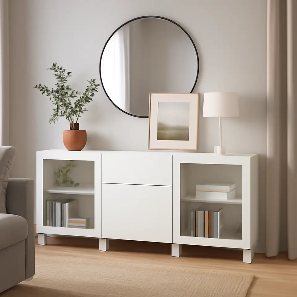 Møbelmontering BESTÅ Opbevaring med skuffer, hvid Lappviken/Sindvik/Stubbarp hvidt klart glas, 180x42x74 cm | Billig & Hurtig i København