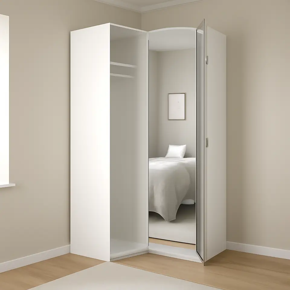 Møbelmontering PAX / FARDAL/ÅHEIM Hjørnegarderobe, højglans hvid/spejl, 110/88×236 cm | Professionel Møbelmontør