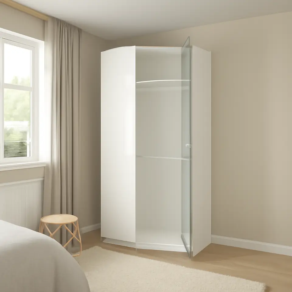 Møbelmontering PAX / FARDAL/ÅHEIM Hjørnegarderobe, højglans hvid/spejl, 110/88×236 cm | Fast Pris i Storkøbenhavn