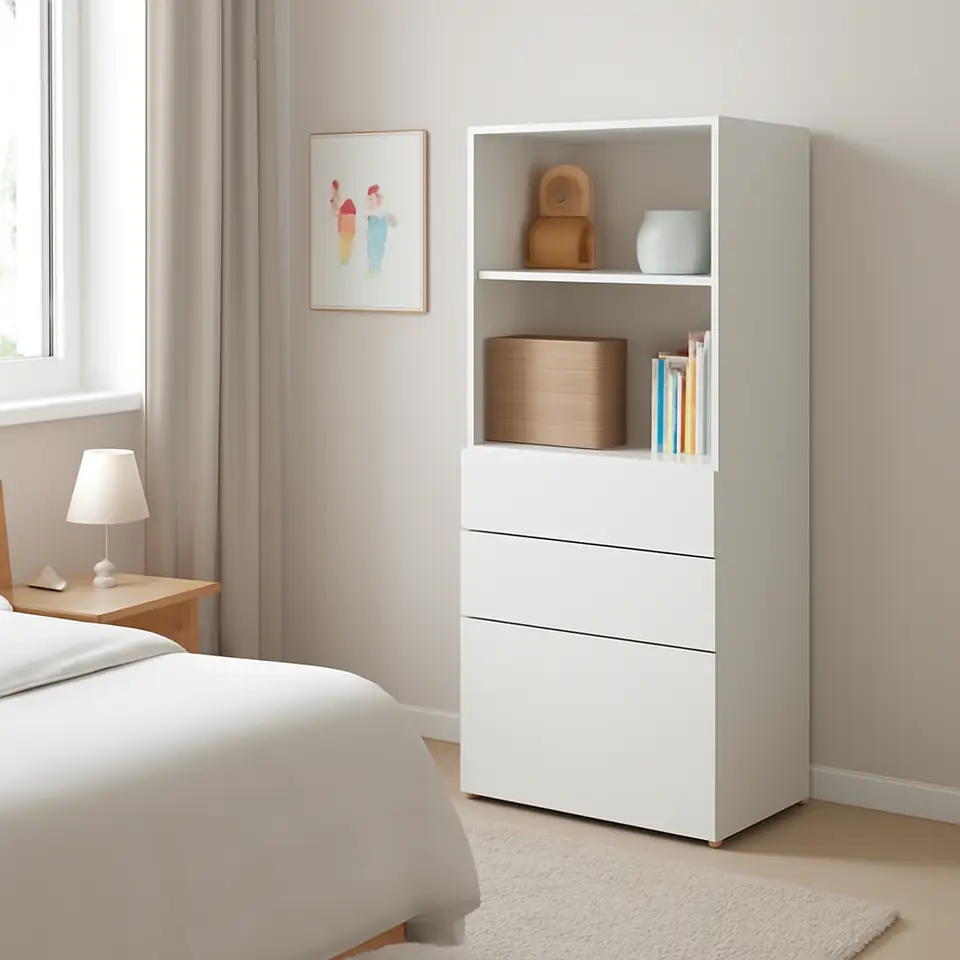 Møbelmontering SMÅSTAD / PLATSA Reol, hvid hvid/med 3 skuffer, 60x57x123 cm | Professionel Møbelmontør