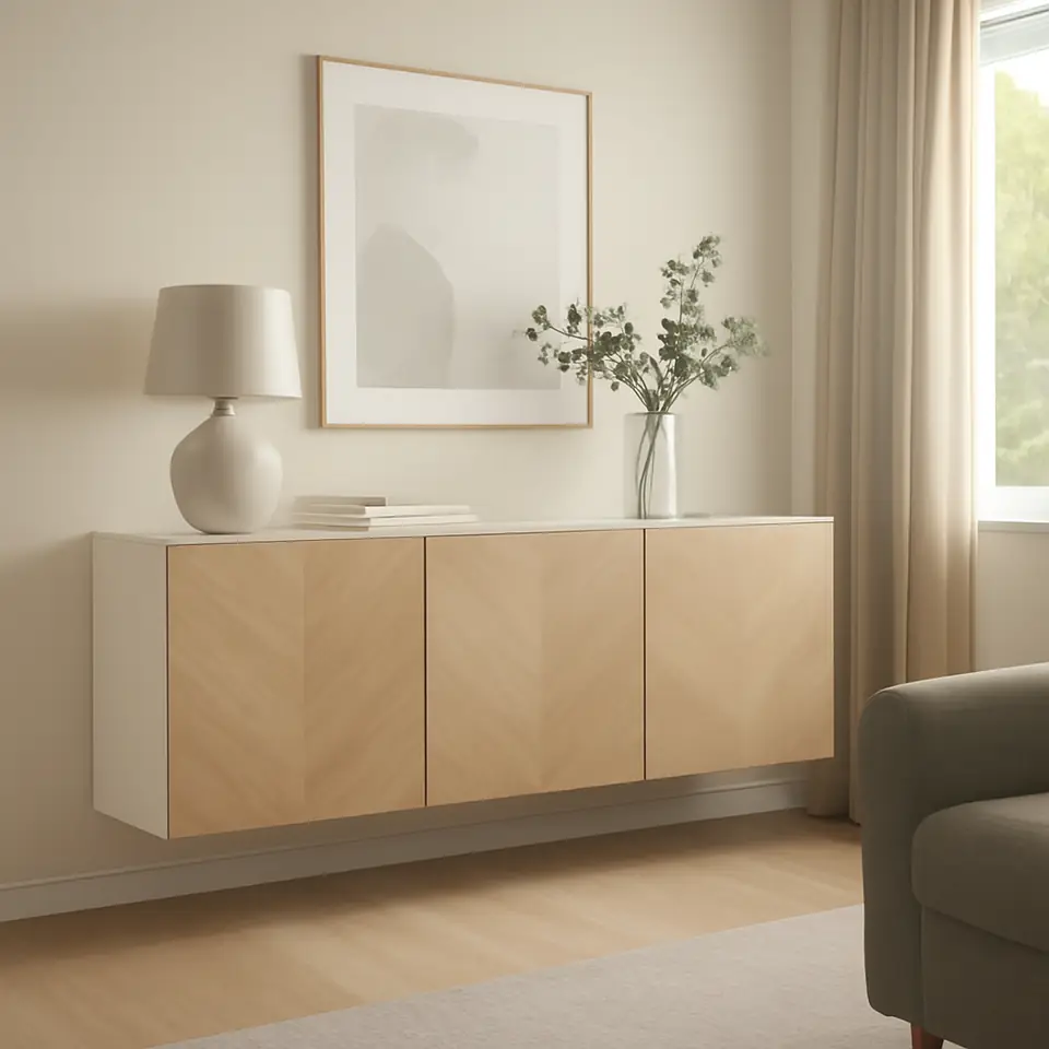 Møbelmontering BESTÅ Vægmonteret skabskombination, hvid/Hedeviken egetræsfiner, 180x42x64 cm | Professionel Møbelmontør