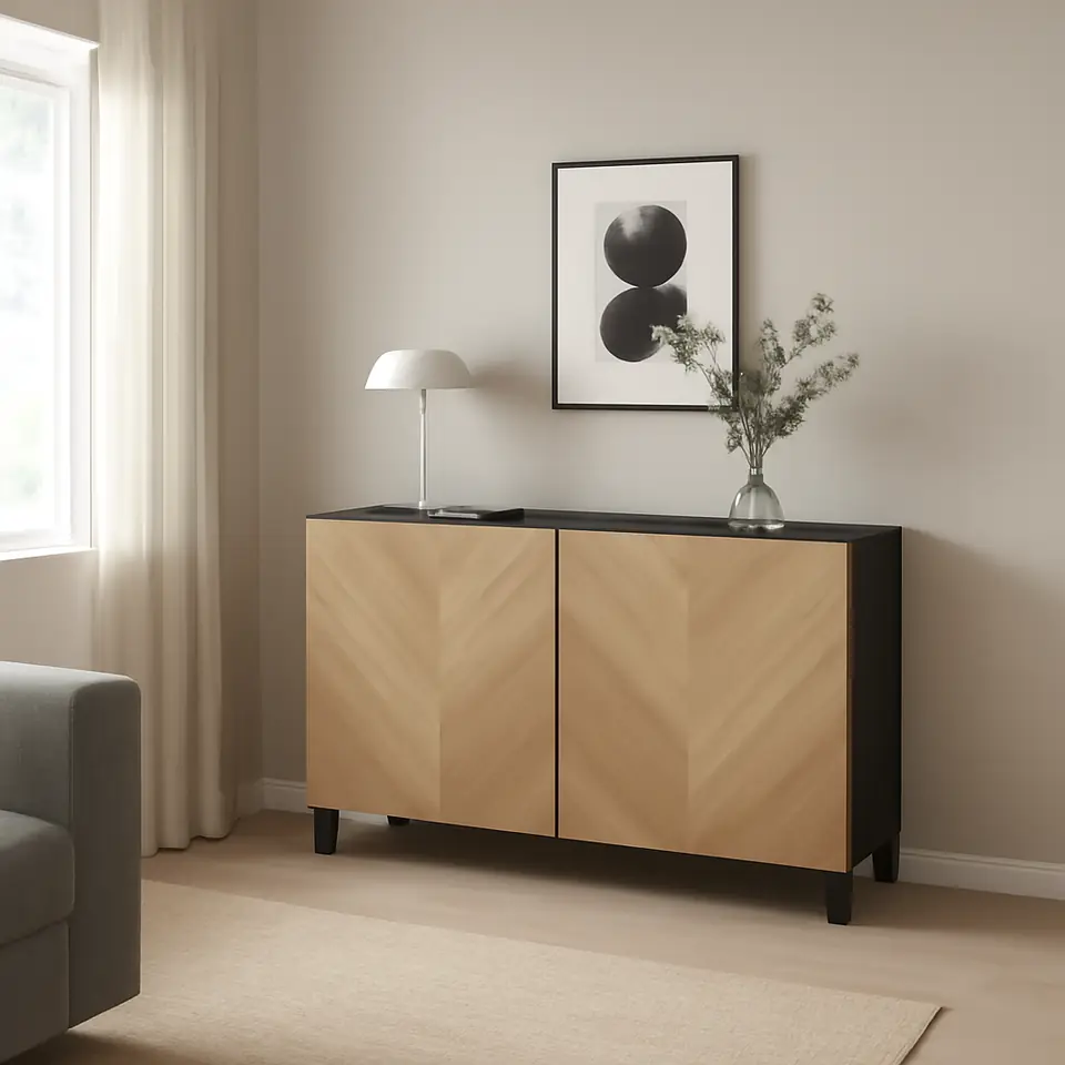 Møbelmontering BESTÅ Opbevaring med låger, sortbrun/Hedeviken/Stubbarp egetræsfiner, 120x42x74 cm | Professionel Møbelmontør