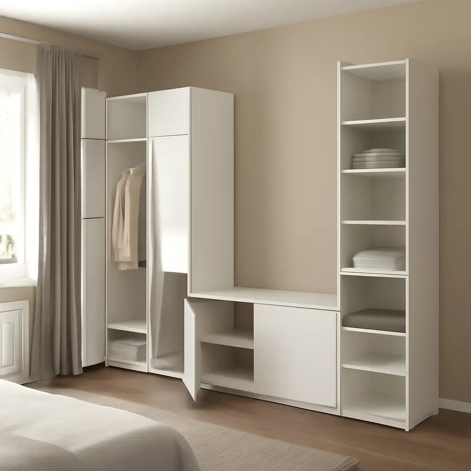 Møbelmontering PLATSA Garderobeskab med 9 døre, hvid STRAUMEN spejlglas/FONNES hvid, 260x42x221 cm | Fast Pris i Storkøbenhavn