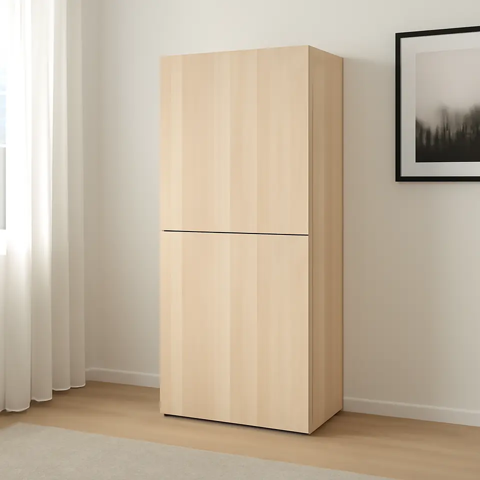 Møbelmontering BESTÅ Reol med døre, egetræsmønster med hvid bejdse/Lappviken egetræsmønster med hvid bejdse, 60x42x129 cm | Professionel Møbelmontør