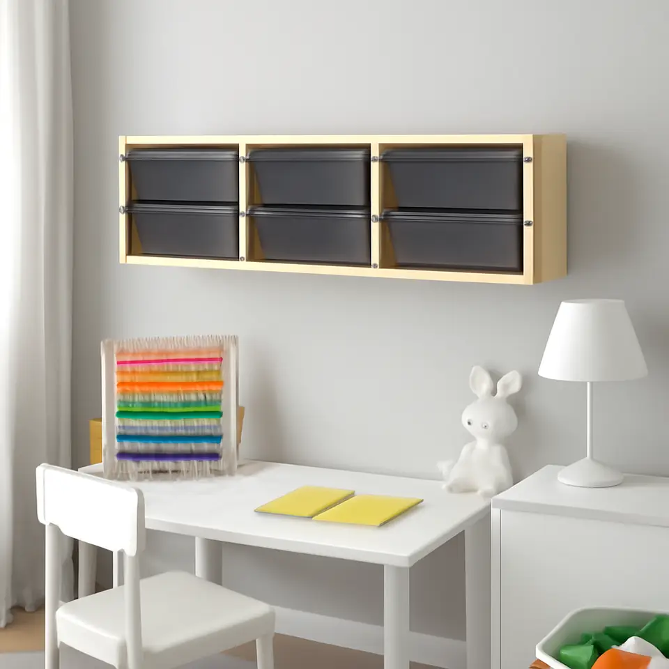 Møbelmontering TROFAST Vægopbevaring, lys fyr med hvid bejdse/mørkegrå, 93x21x30 cm | Få et tilbud i dag