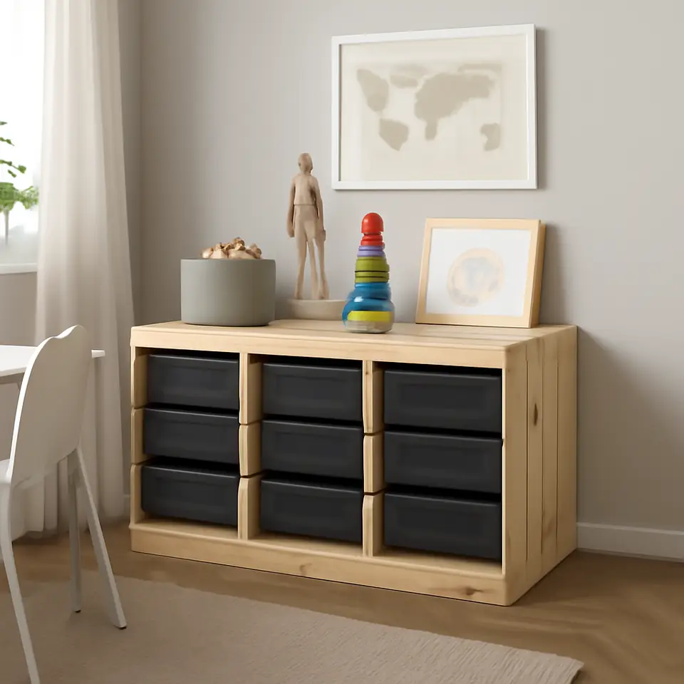 Møbelmontering TROFAST Opbevaringskombination med bokse, lys fyr med hvid bejdse/mørkegrå, 93x44x52 cm | Professionel Møbelmontør