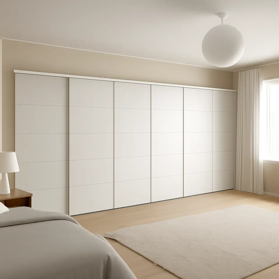 Møbelmontering SKYTTA / MEHAMN Skydedør, kombination, hvid/dobbeltsidet hvid, 603×240 cm | Fast Pris i Storkøbenhavn