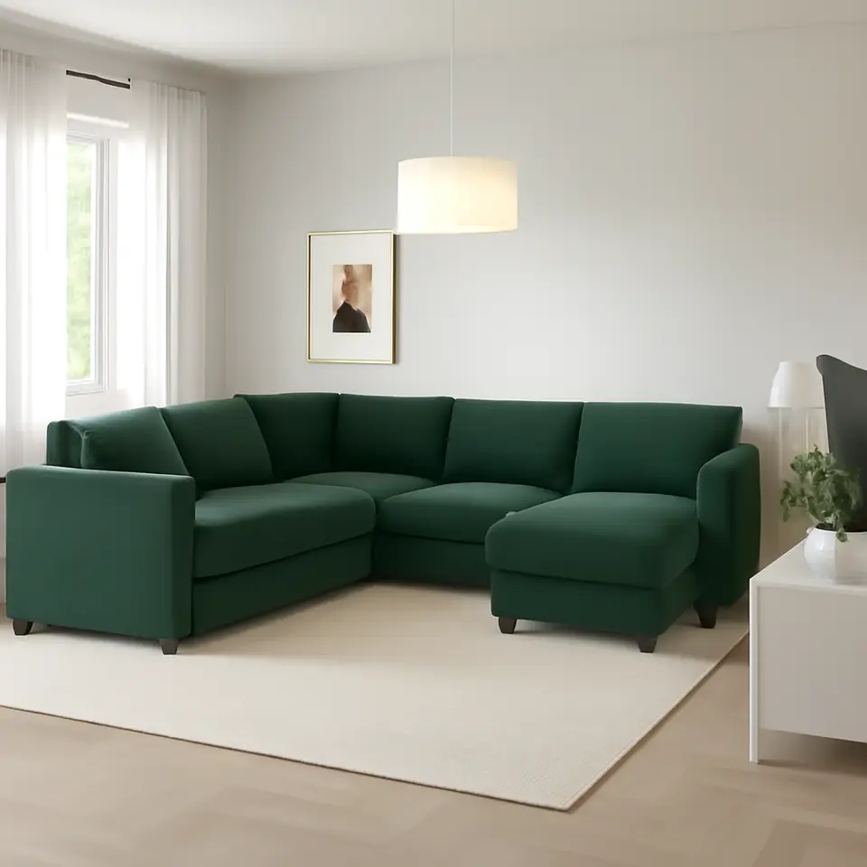 Møbelmontering VIMLE Hjørnesovesofa, 5 pers., med chaiselong/Djuparp mørkegrøn | Professionel Møbelmontør