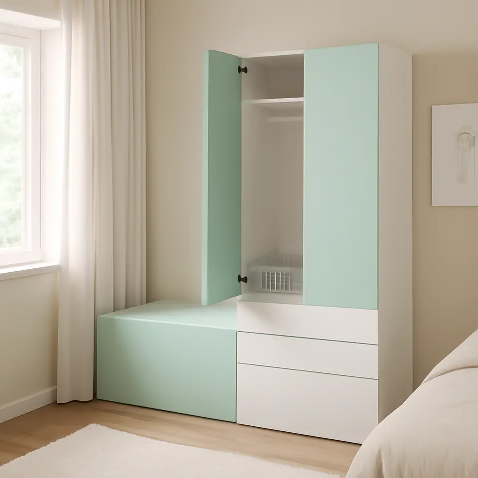 Møbelmontering SMÅSTAD / PLATSA Opbevaringskombination, hvid lysegrøn/med bænk, 150x57x181 cm | Professionel Møbelmontør