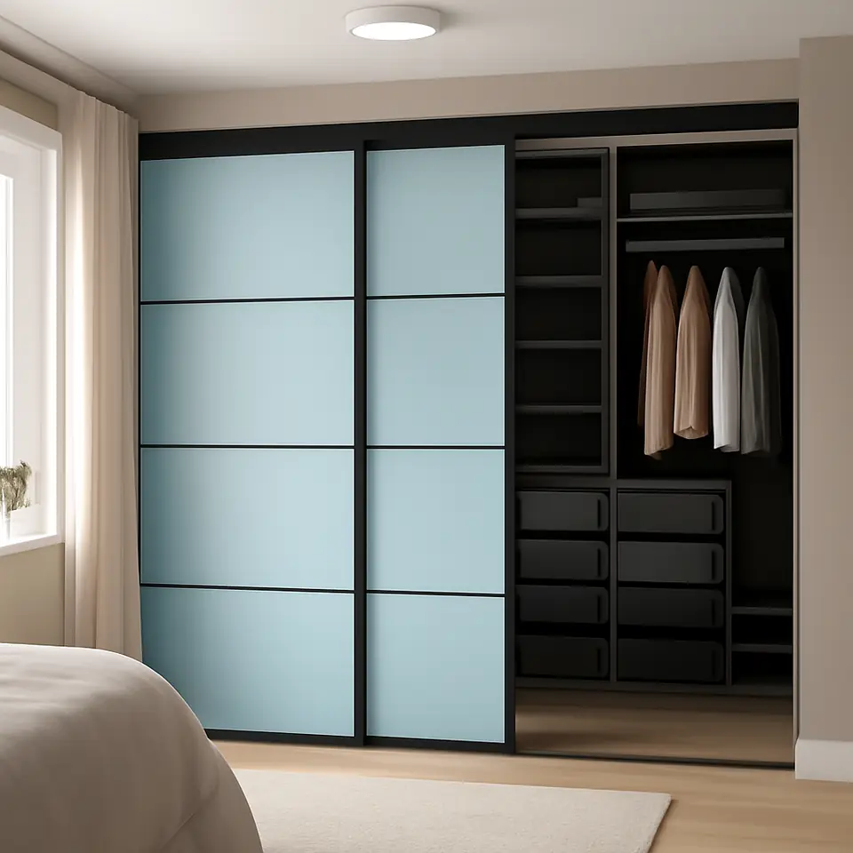 Møbelmontering SKYTTA / PAX Walk-in-closet med skydedøre, sort mørkegrå/Mehamn lyseblå, 276x160x240 cm | Samling af Møbler i Rødovre & Kbh