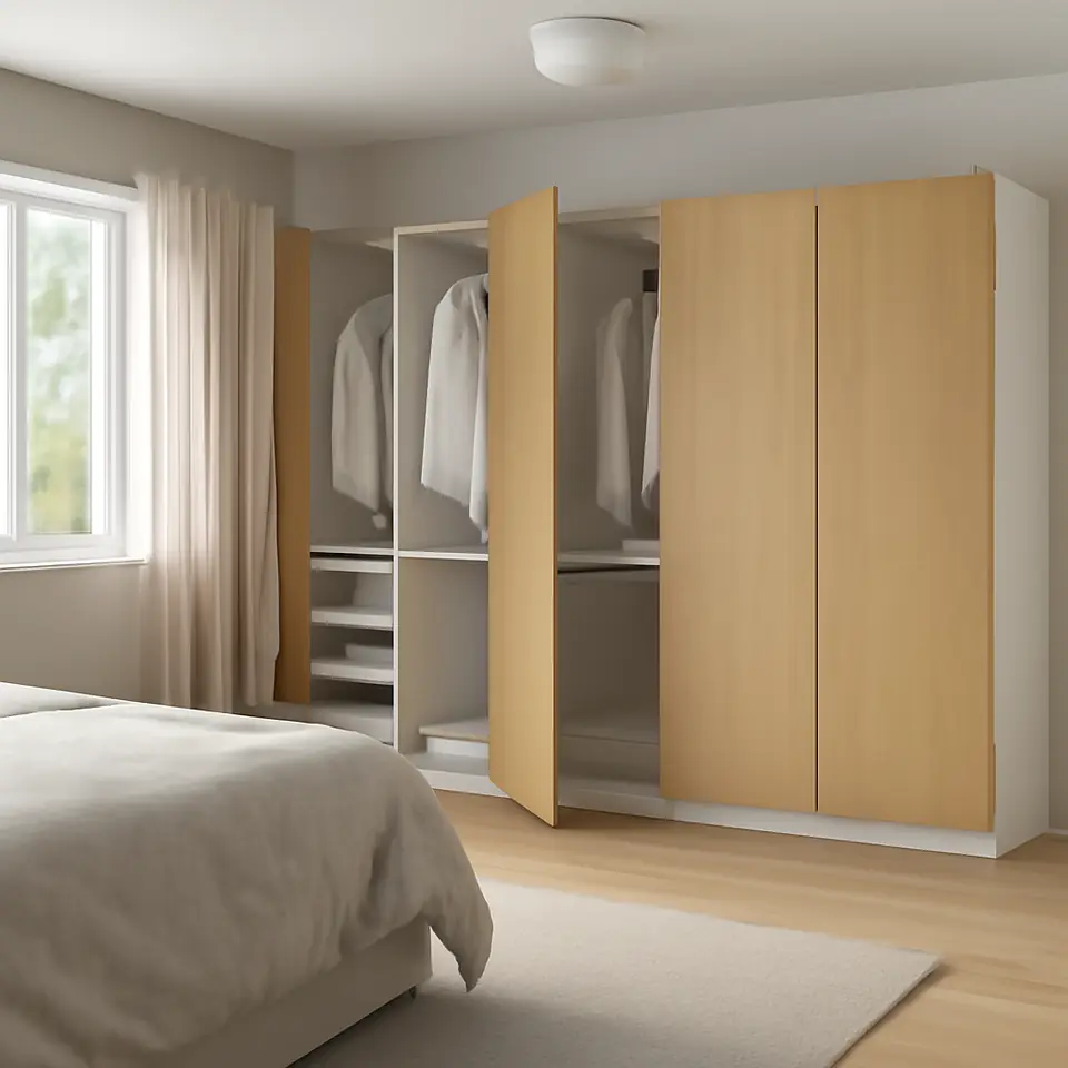 Møbelmontering PAX / STORKLINTA Garderobekombination, hvid/egetræsmønstret, 300x60x201 cm | Fast Pris i Storkøbenhavn