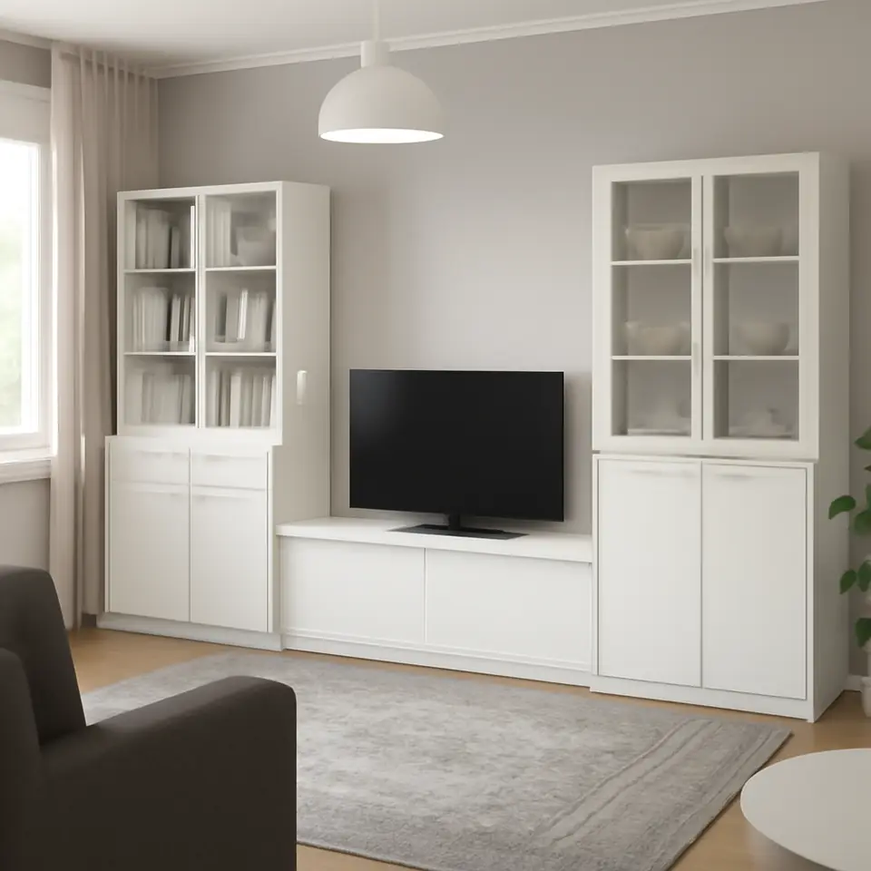 Møbelmontering TONSTAD Tv-møbel, kombination, råhvid/klart glas, 377x47x201 cm | Professionel Møbelmontør