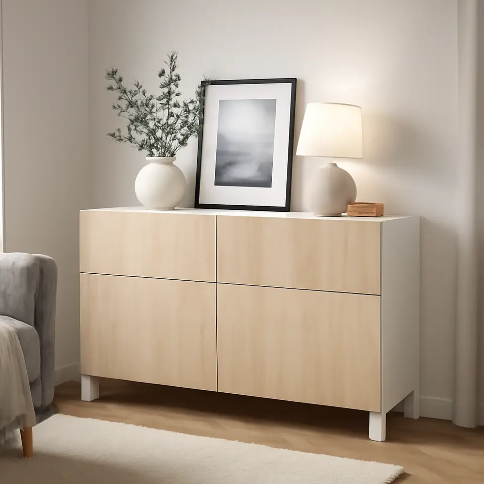 Møbelmontering BESTÅ Opbevaringskom låger/skuffer, hvid/Fänrik/Stubbarp ask, 120x42x74 cm | Billig & Hurtig i København