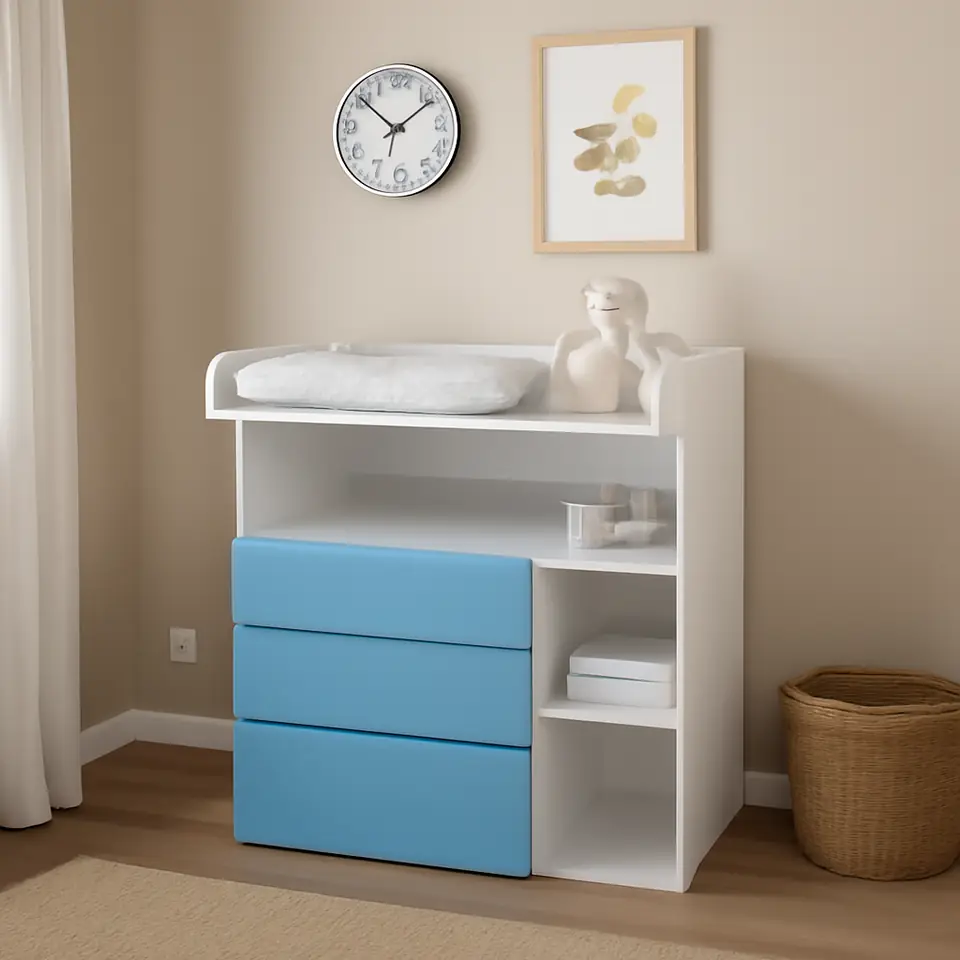 Møbelmontering SMÅSTAD Puslebord, hvid blå/med 3 skuffer, 90x79x100 cm | Professionel Møbelmontør