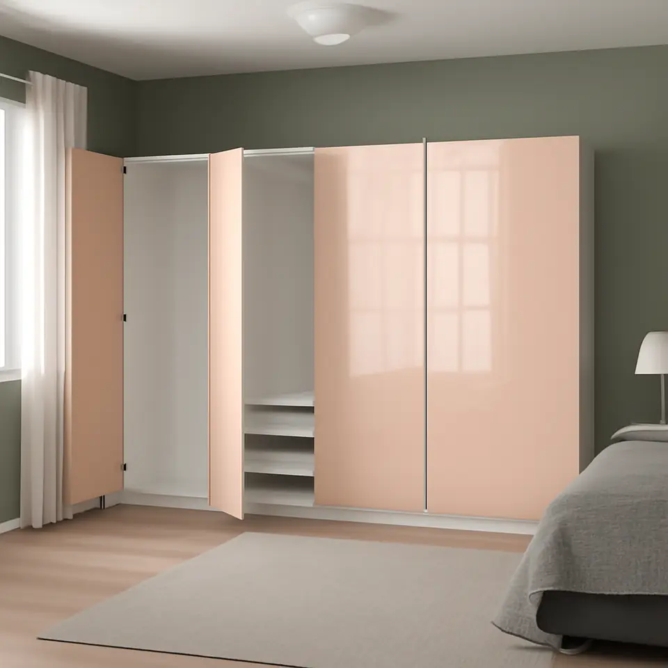 Møbelmontering PAX / FARDAL Garderobekombination, hvid/højglans lys orange, 300x60x201 cm | Samling af Møbler i Rødovre & Kbh
