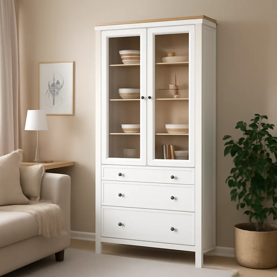 Møbelmontering HEMNES Vitrineskab med 3 skuffer, hvid bejdse/lysebrun, 90×197 cm | Samling af Møbler i Rødovre & Kbh