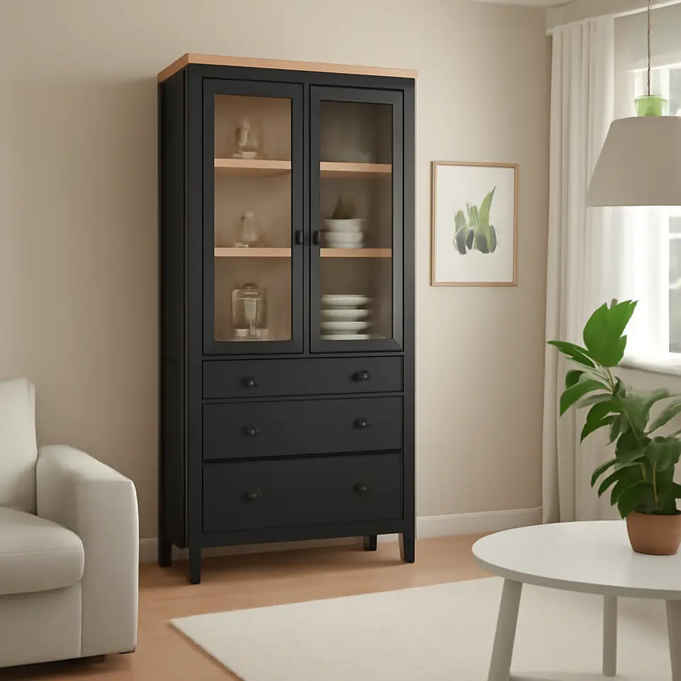 Møbelmontering HEMNES Vitrineskab med 3 skuffer, sortbrun/lysebrun, 90×197 cm | Få et tilbud i dag