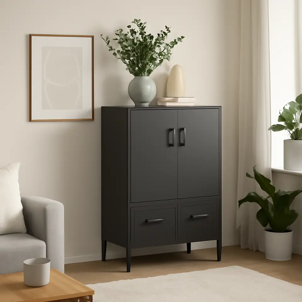 Møbelmontering IDÅSEN Skab med låger og skuffer, mørkegrå, 80x47x119 cm | Billig & Hurtig i København