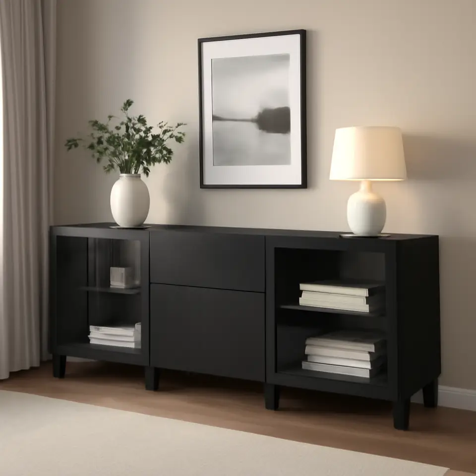 Møbelmontering BESTÅ Opbevaring med skuffer, sortbrun Lappviken/Sindvik/Stubbarp sortbrunt klart glas, 180x42x74 cm | Samling af Møbler i Rødovre & Kbh