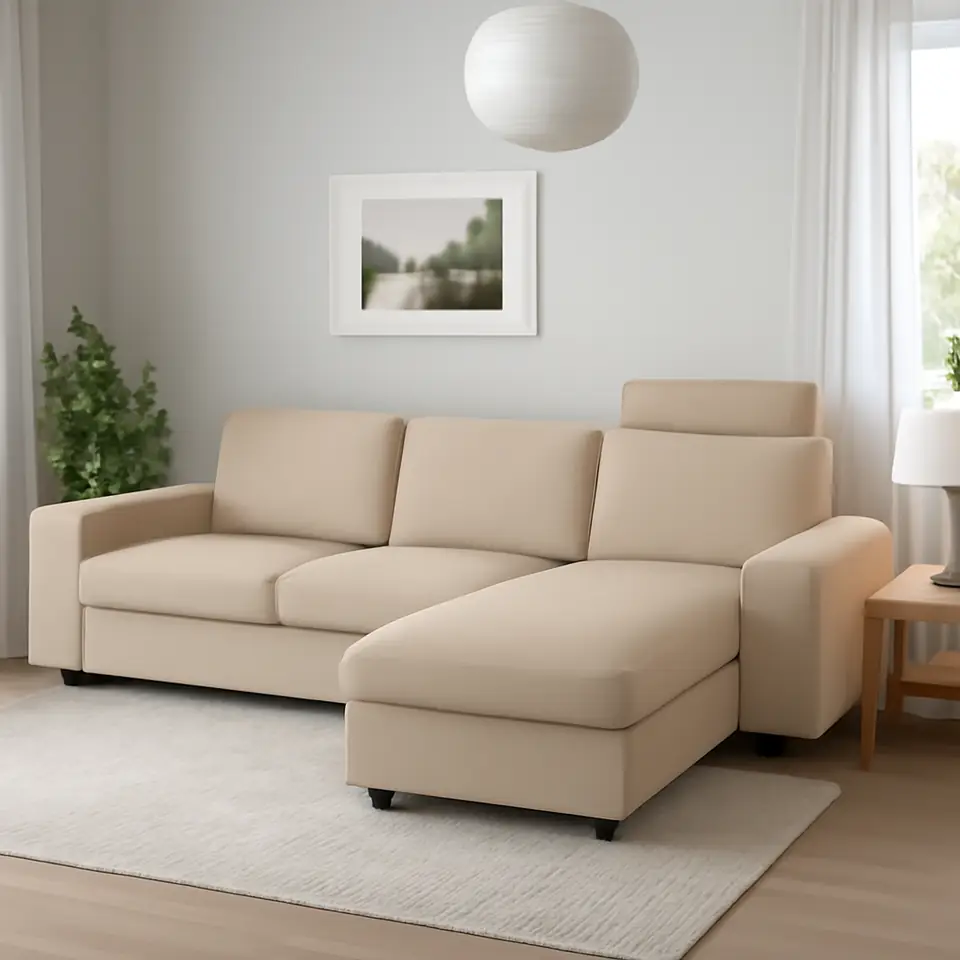 Møbelmontering VIMLE 3-pers. sofa med chaiselong, med brede armlæn med nakkepude/Hallarp beige | Billig & Hurtig i København