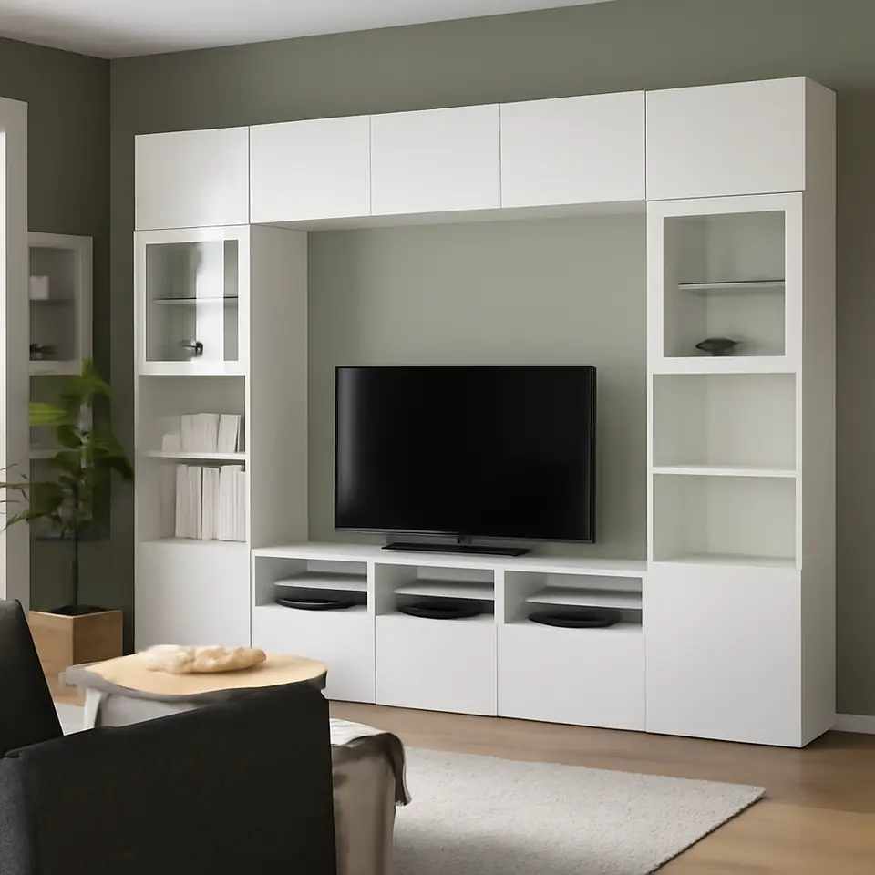 Møbelmontering BESTÅ Tv-møbel med vitrinelåger, hvid/Lappviken hvidt klart glas, 300x42x231 cm | Fast Pris i Storkøbenhavn