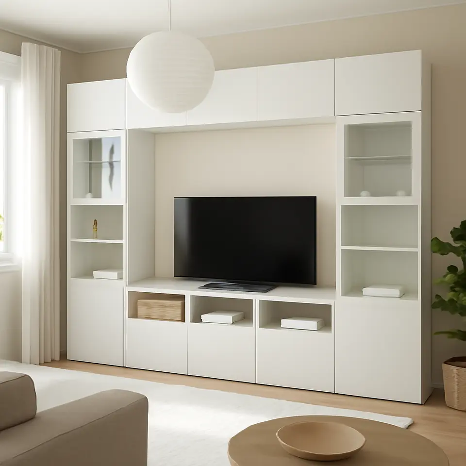 Møbelmontering BESTÅ Tv-møbel med vitrinelåger, hvid/Lappviken hvidt klart glas, 300x42x231 cm | Professionel Møbelmontør