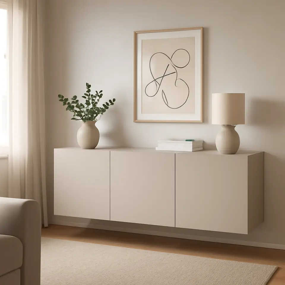 Møbelmontering BESTÅ Vægmonteret skabskombination, hvid/Lappviken lys gråbeige, 180x42x64 cm | Professionel Møbelmontør