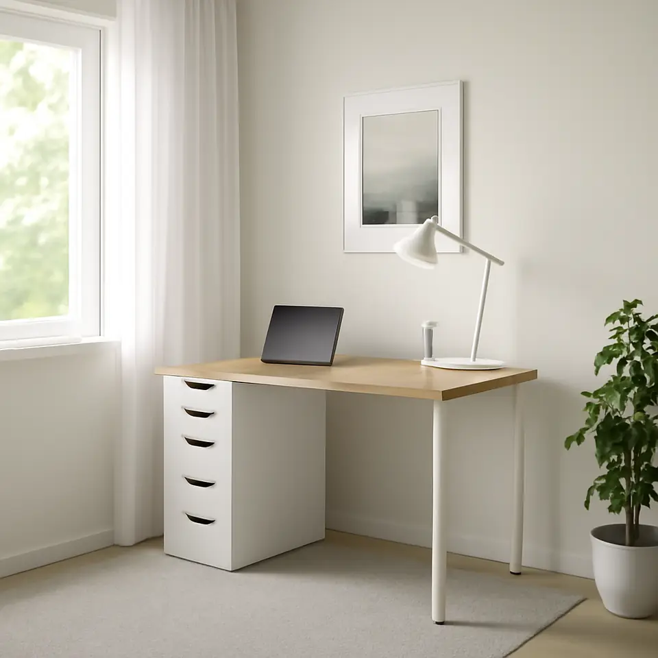 Møbelmontering ANFALLARE / ALEX Skrivebord, bambus/hvid, 140×65 cm | Professionel Møbelmontør