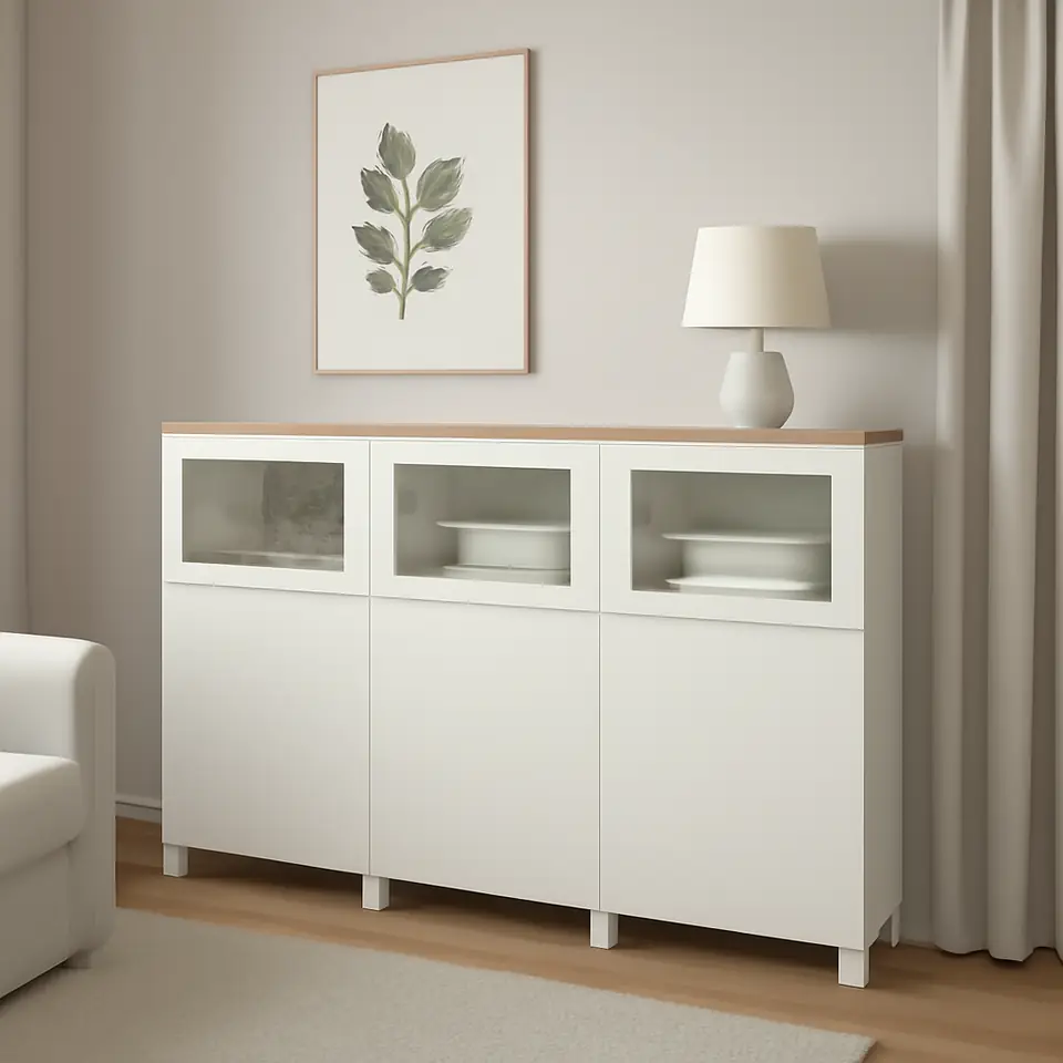 Møbelmontering BESTÅ Opbevaring med låger, Lappviken/Stubbarp/Sindvik hvidt klart glas, 180x42x114 cm | Samling af Møbler i Rødovre & Kbh