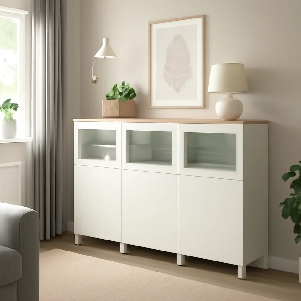 Møbelmontering BESTÅ Opbevaring med låger, Lappviken/Stubbarp/Sindvik hvidt klart glas, 180x42x114 cm | Samling af Møbler i Rødovre & Kbh