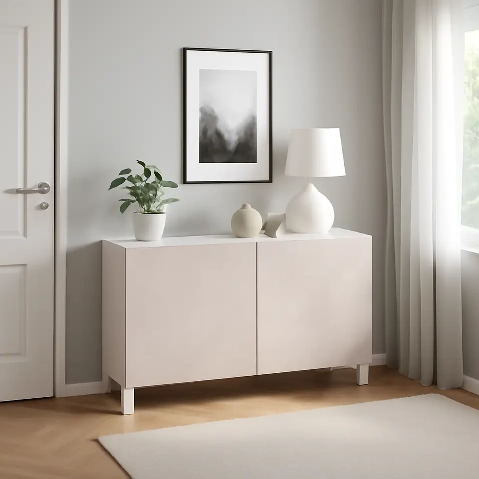Møbelmontering BESTÅ Opbevaring med låger, hvid Bergsviken/Stubbarp/beige marmormønstret, 120x42x74 cm | Billig & Hurtig i København